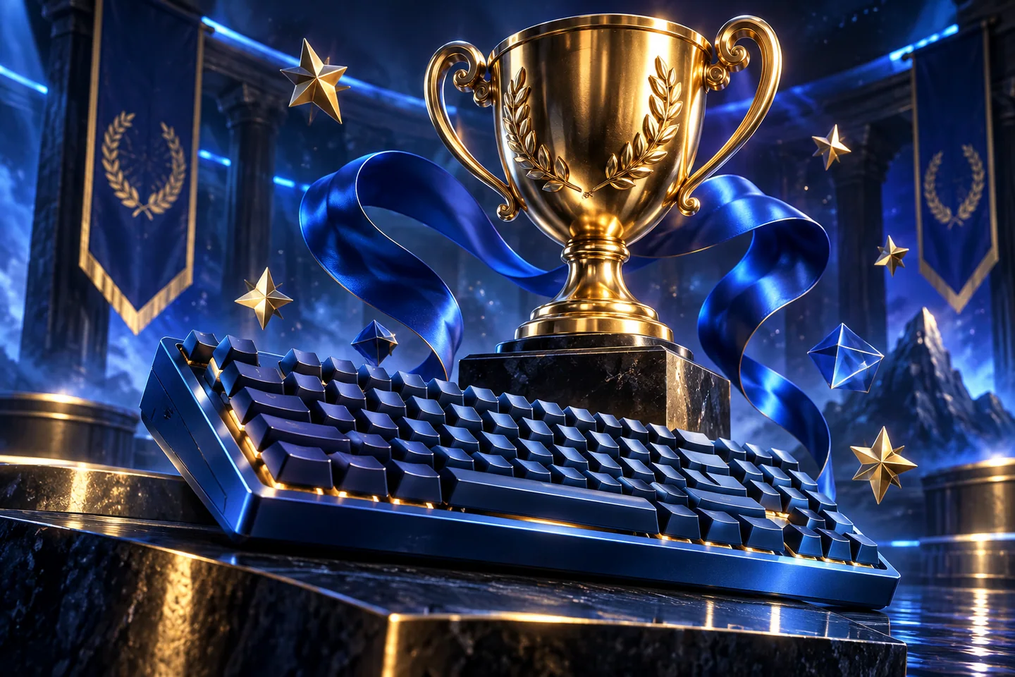 A keyboard and trophy in a vivid blue typing challenge arena